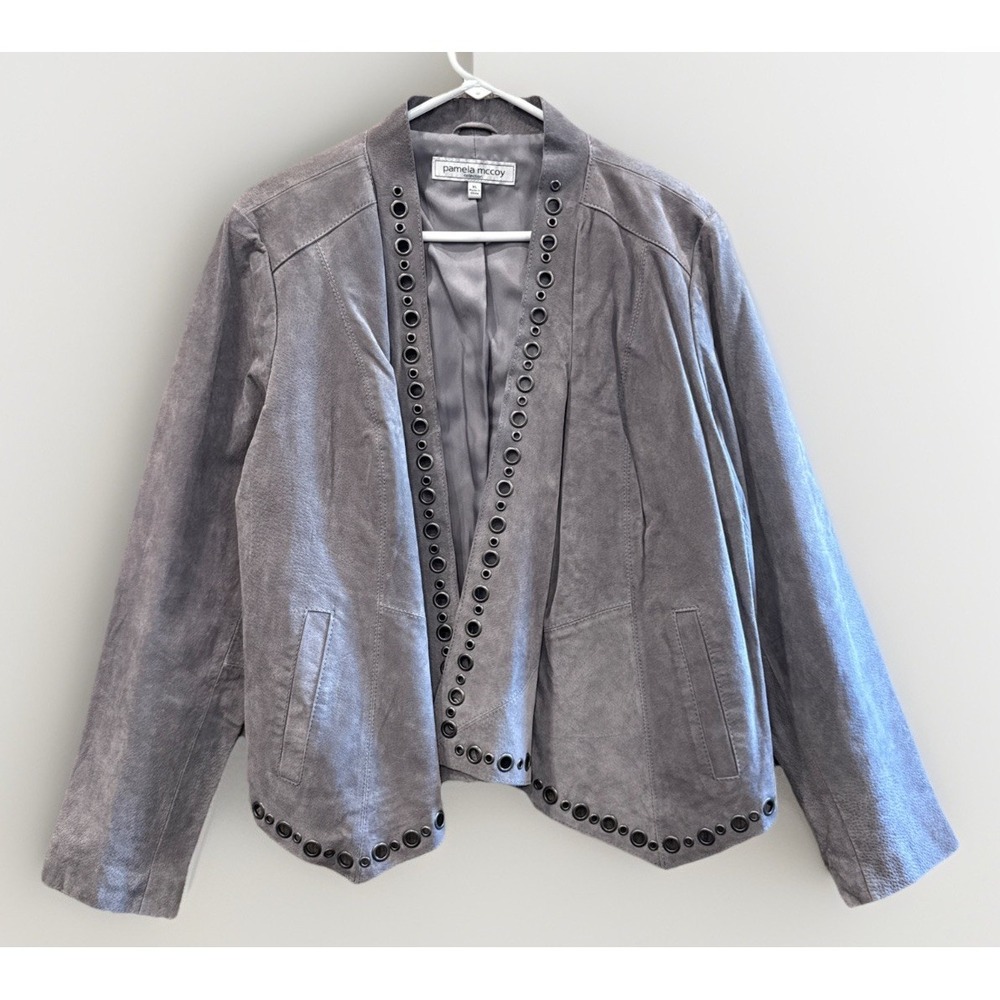 Pamela McCoy Suede Leather Gray Jacket - Grommet Detail, Festival Boho Style,EUC